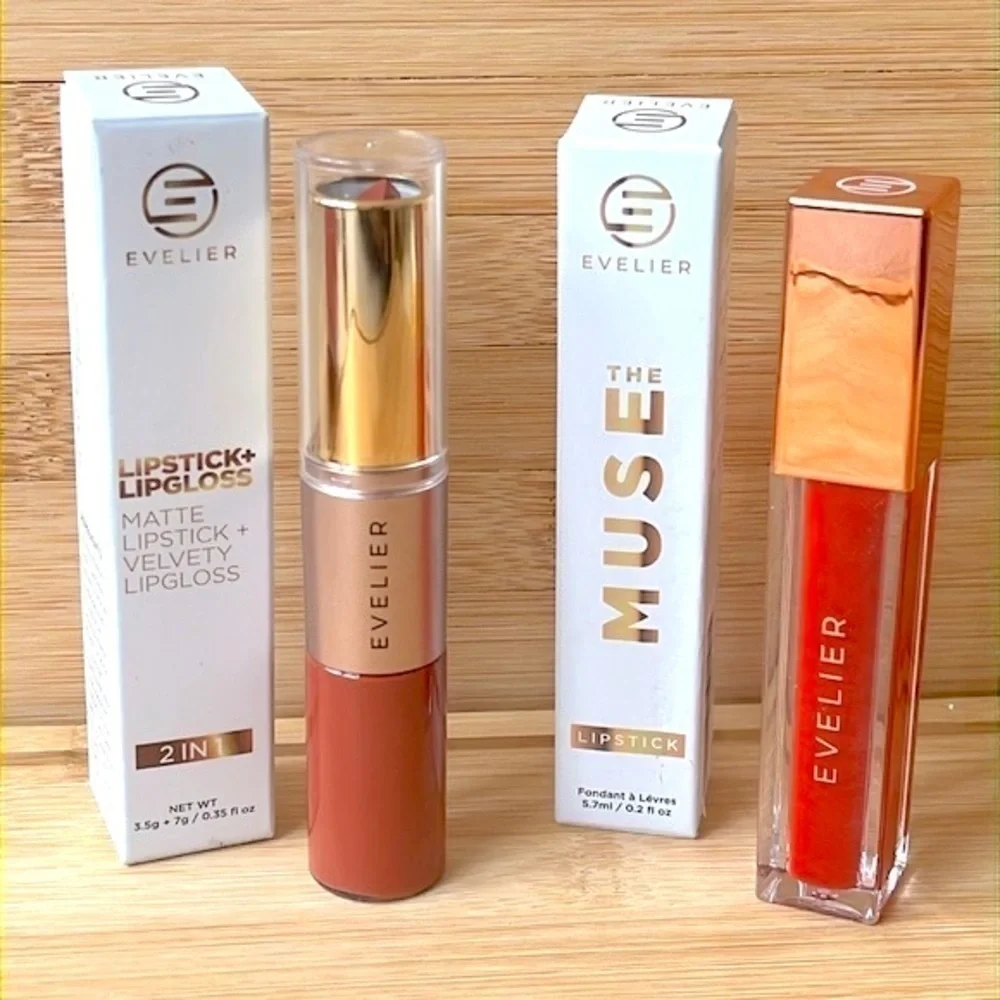 Brand New Evelier Set of 2 Lipstick Lip Gloss Pigmented Hydrating Coverage Shine